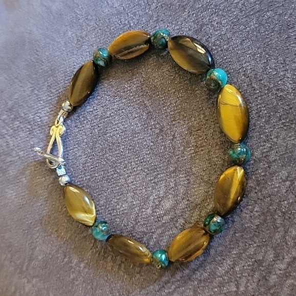 handmade Brown Tiger Eye Green Chrysocolla Beaded Toggle Bracelet - Picture 2 of 6